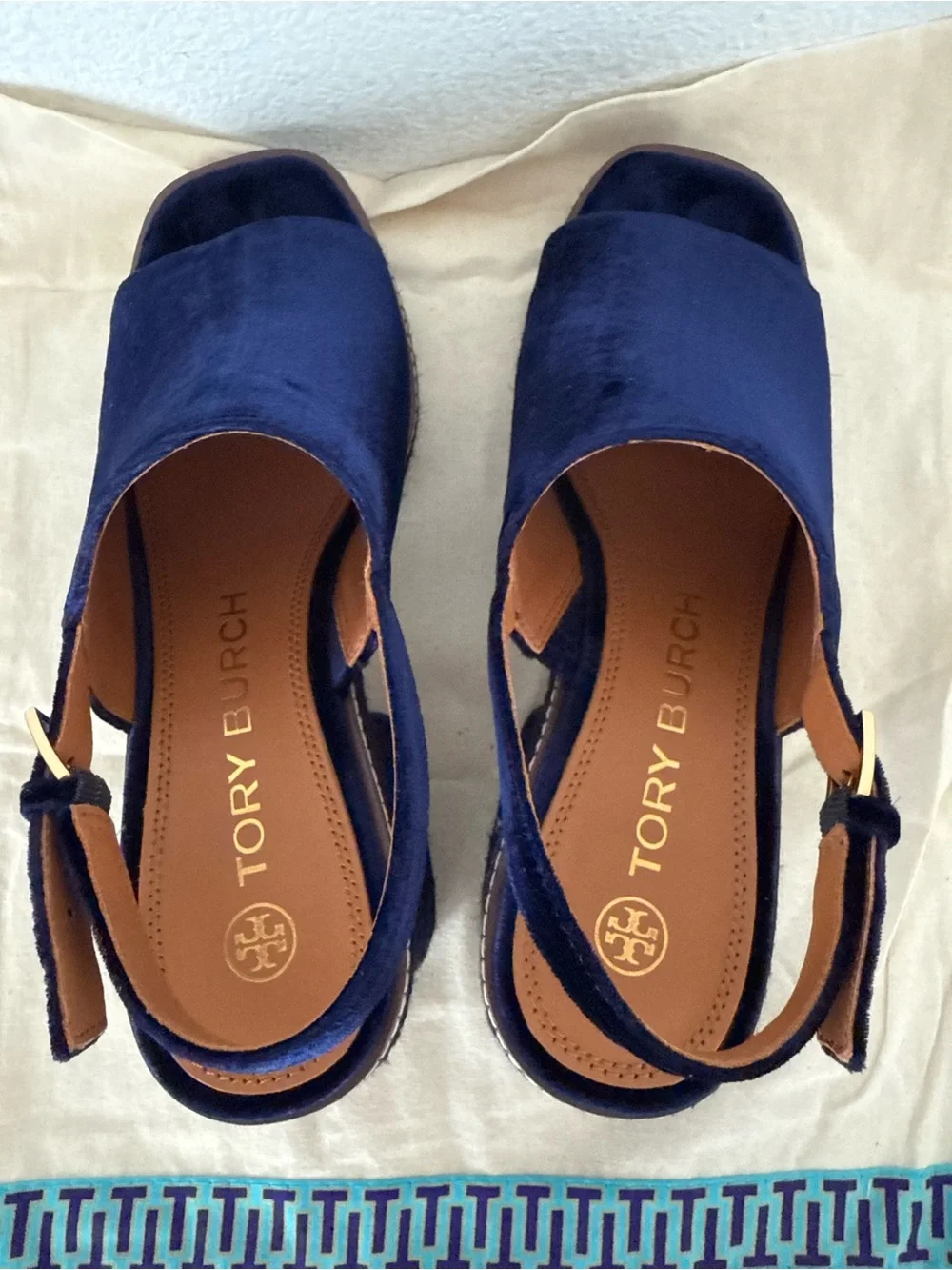 EUC Tory Burch Navy Royal Blue Velvet Slingback Block Heel Espadrille Sandals